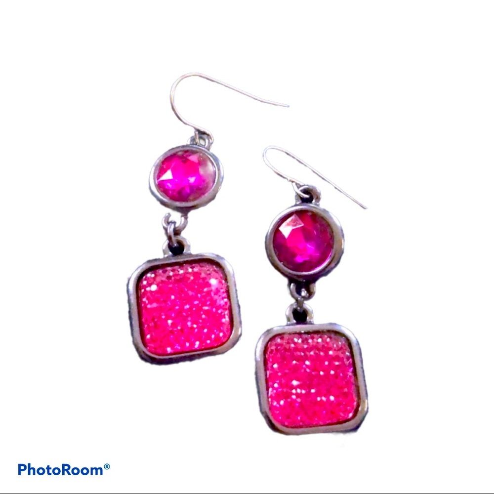 Glam Pink Circle Square Shimmer Dangle‎ Bling Drip Earrings